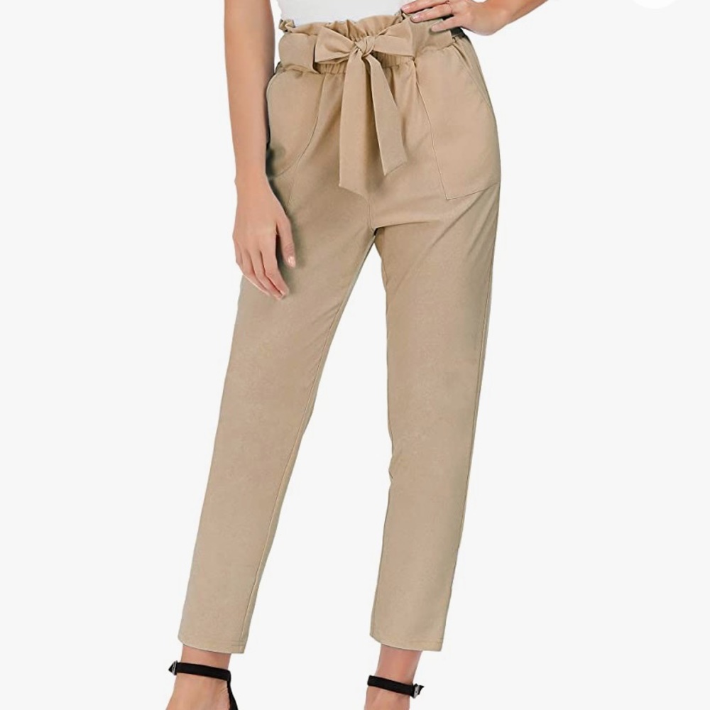 Tan khaki Grace Karin polyester paper bag pants with belt